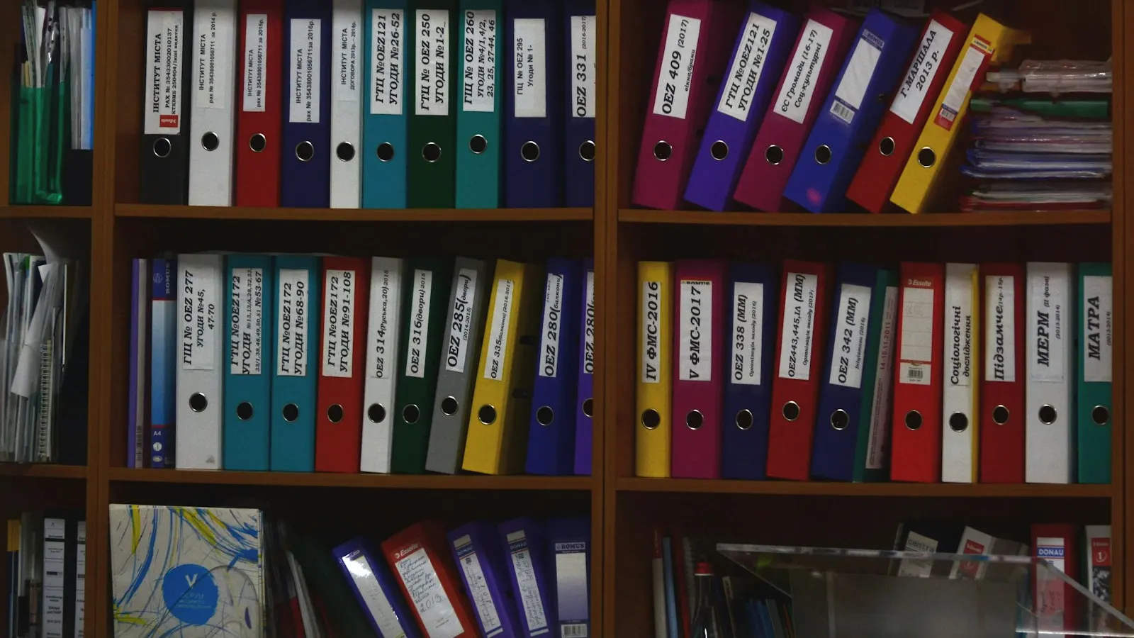 Shelves of labeled binders and file folders in an office