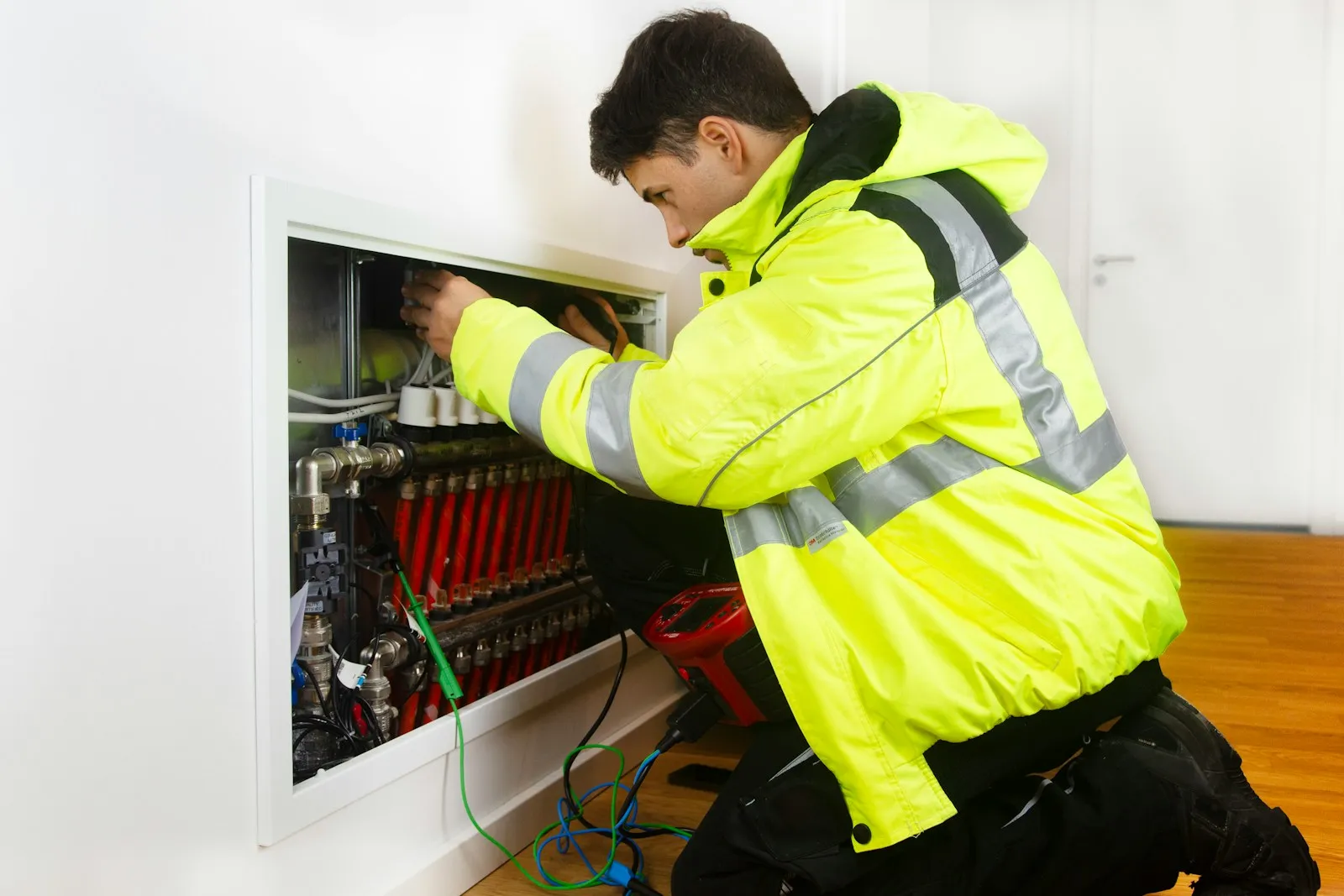 Tradesman in a high-visibility jacket working on a heating manifold