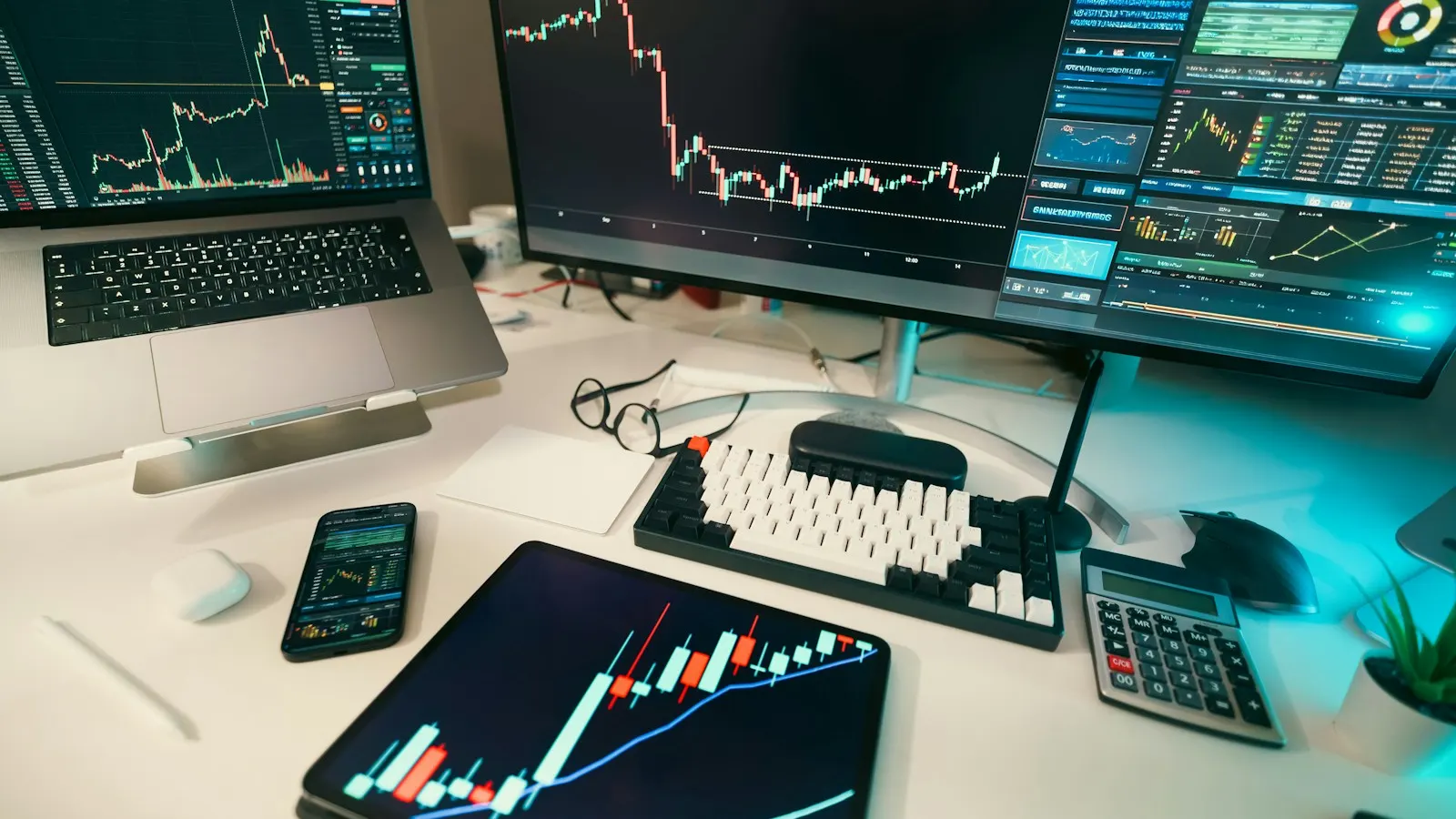 A trading desk with market charts on several screens