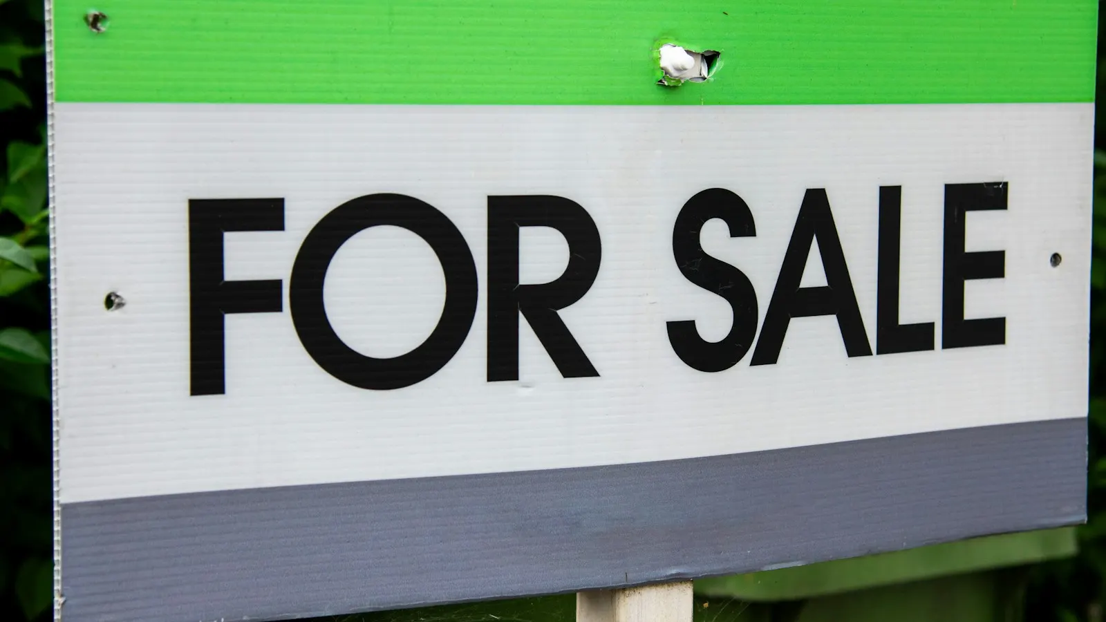 A green and white For Sale sign