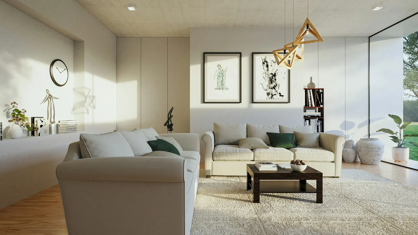 A bright, furnished living room with two sofas and a coffee table