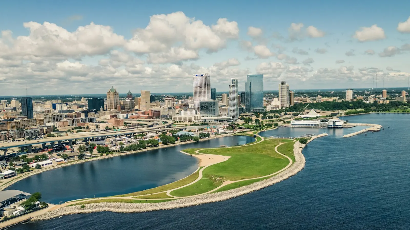 Aerial view of the Milwaukee skyline on Lake Michigan
