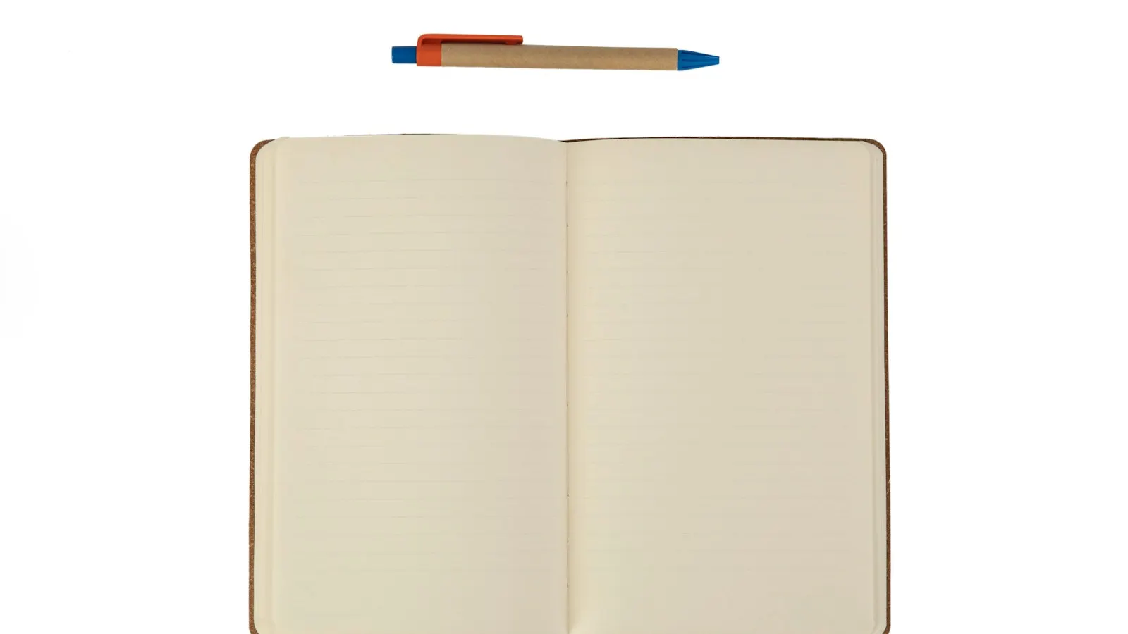 An open notebook with a pen above it