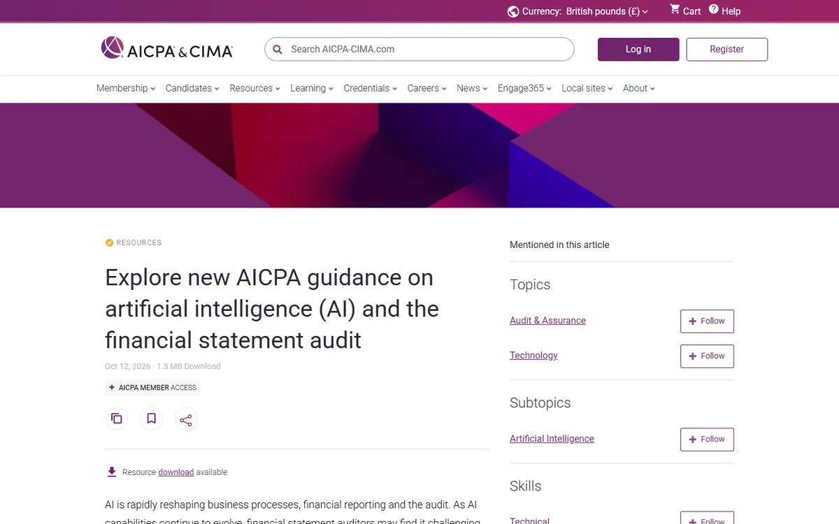 AICPA & CIMA page for its new guidance on AI and the financial statement audit