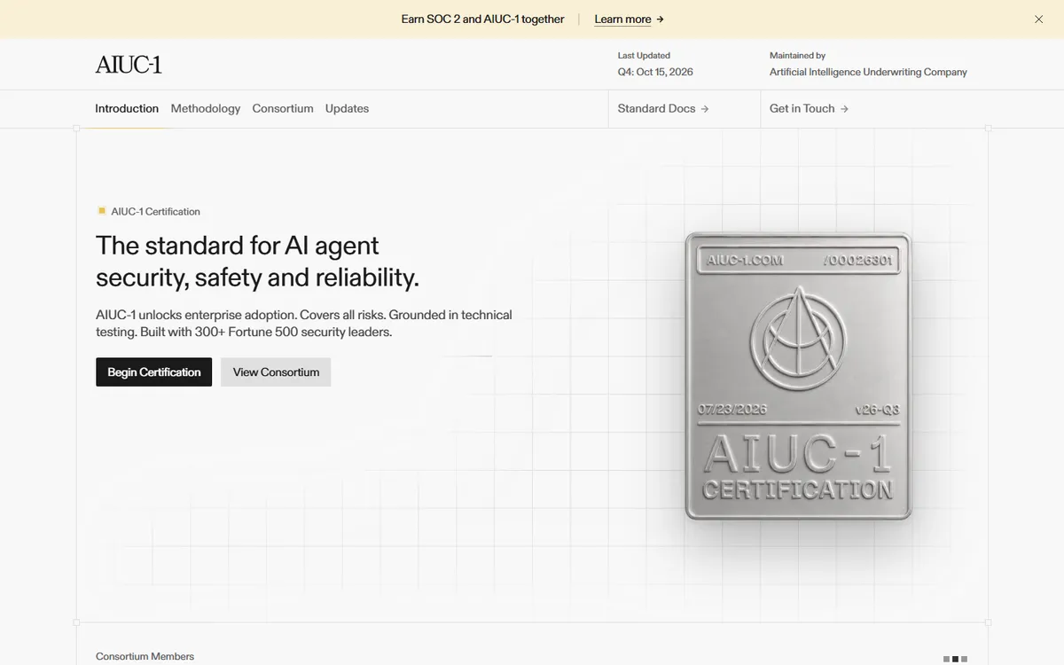 Screenshot: AIUC-1 website describing the standard for AI agent security, safety and reliability