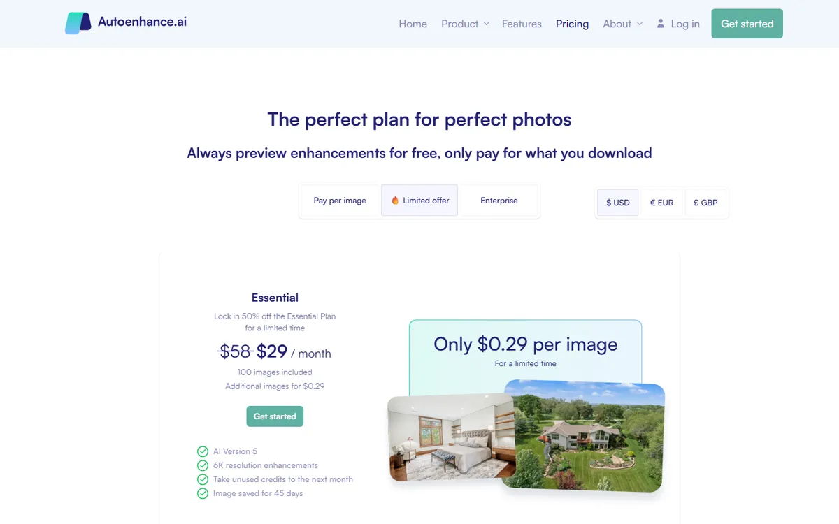 Screenshot: Autoenhance.ai pricing page showing the Essential plan