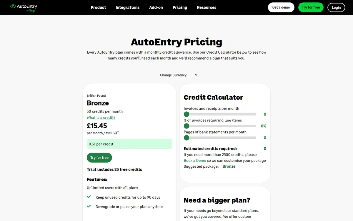 Screenshot: AutoEntry pricing page showing credit-based plans