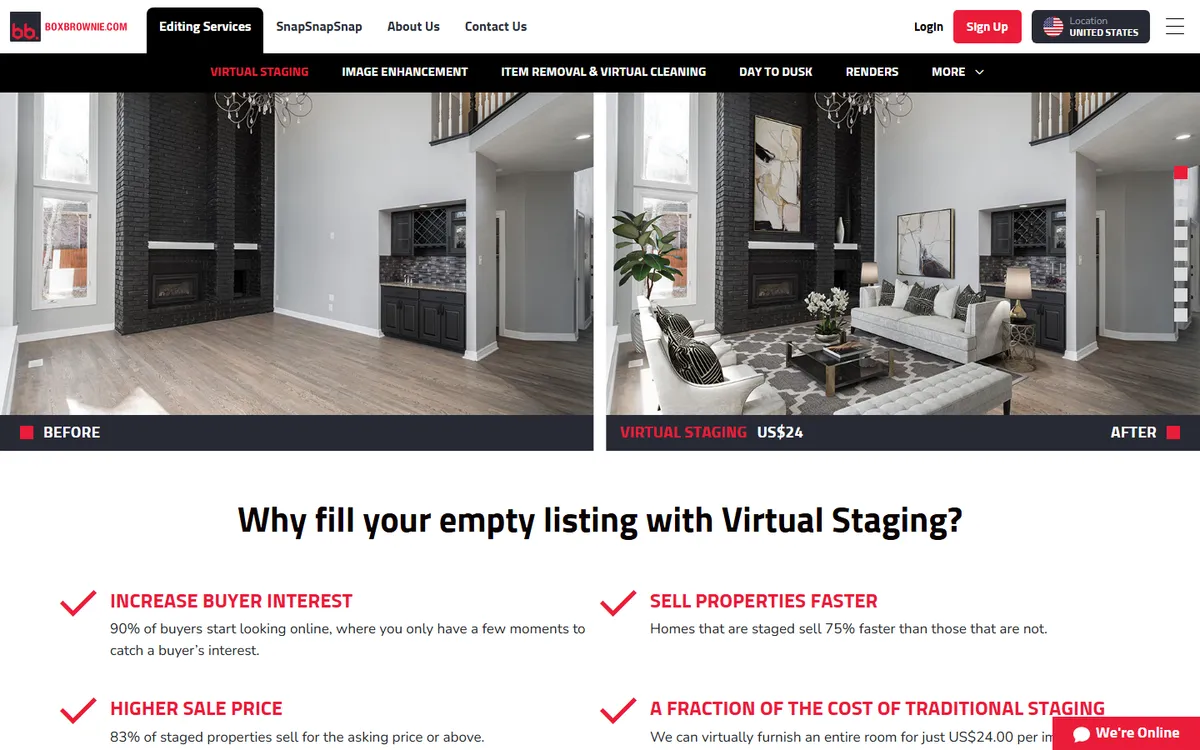 Screenshot: BoxBrownie virtual staging page with a before-and-after living room and a US$24 price