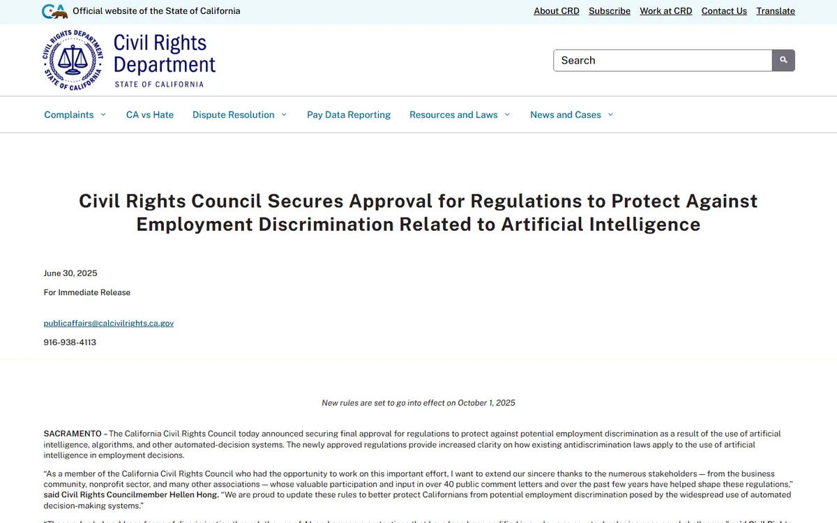 California Civil Rights Department press release announcing approval of its AI employment regulations
