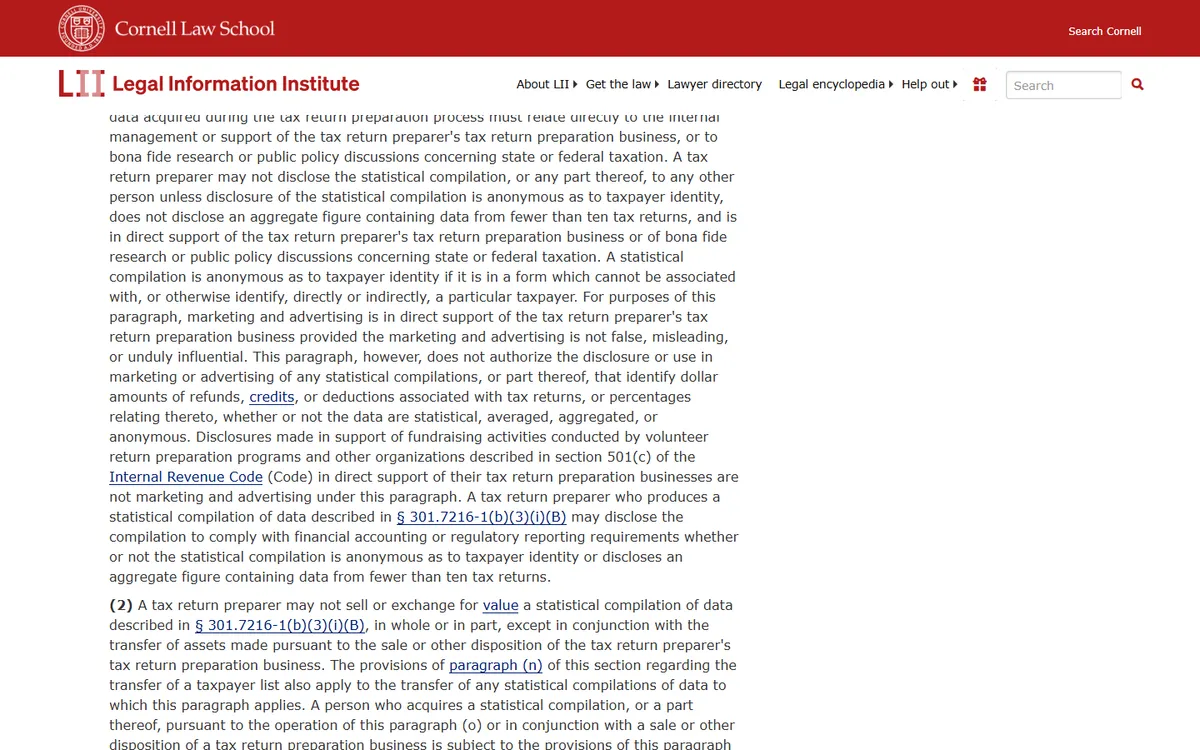Screenshot: 26 CFR 301.7216-2(o) on Cornell LII, including the rule that a preparer may not sell or exchange a statistical compilation for value