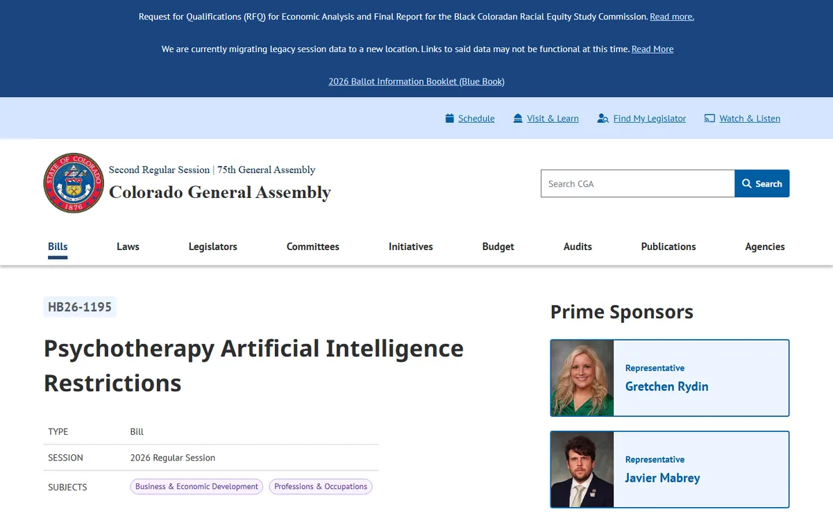Screenshot: Colorado General Assembly page for HB26-1195, Psychotherapy Artificial Intelligence Restrictions