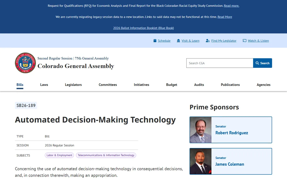 Colorado General Assembly page for SB26-189, Automated Decision-Making Technology