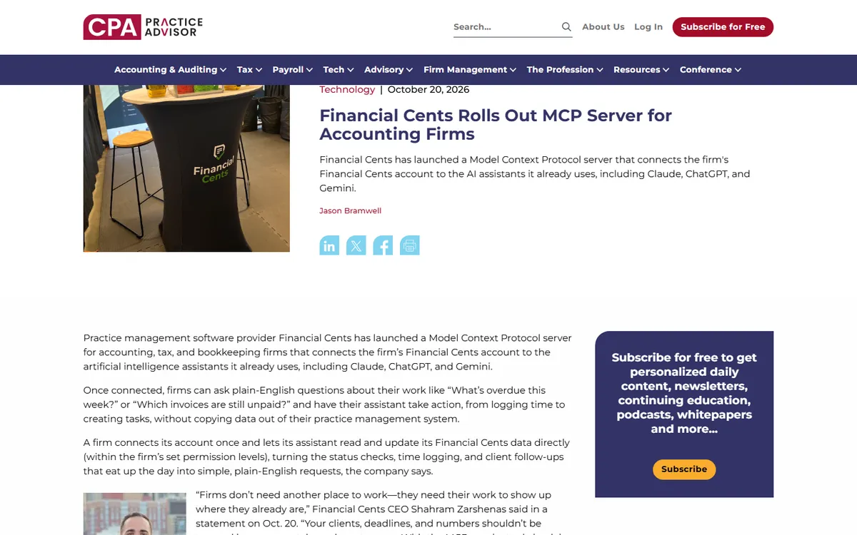 Screenshot: CPA Practice Advisor article about Financial Cents rolling out an MCP server for accounting firms, dated October 20, 2026