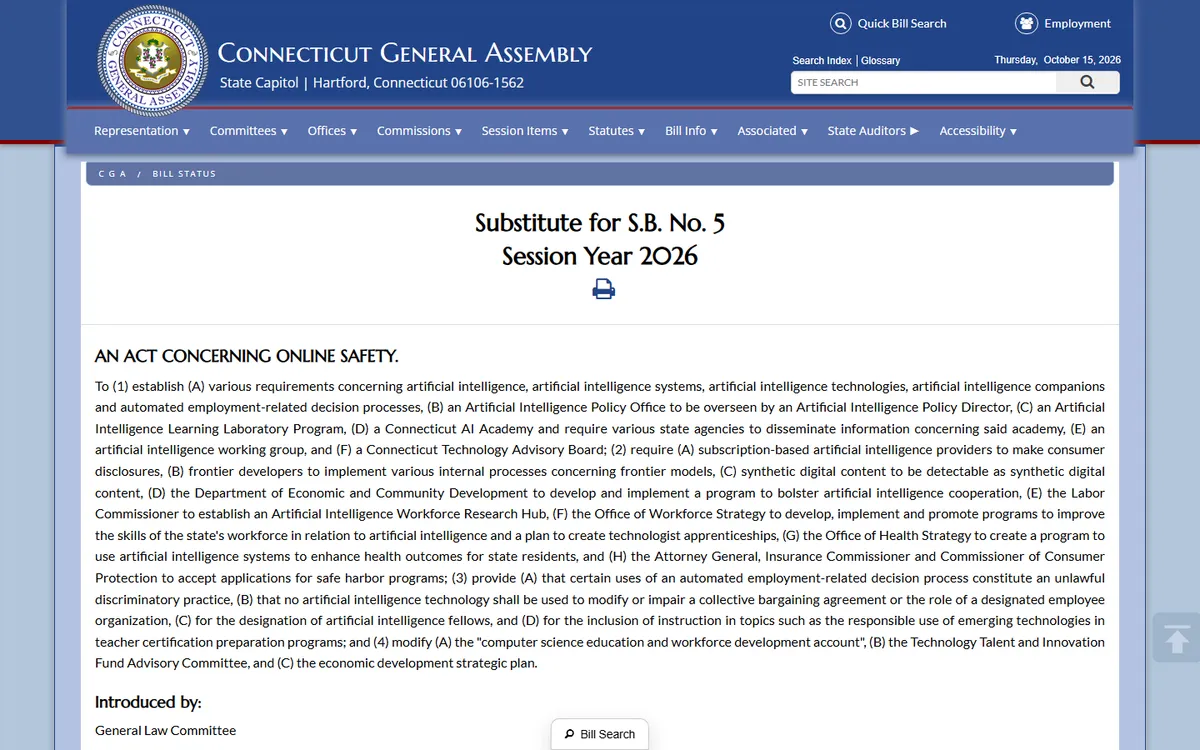 Screenshot: Connecticut General Assembly bill status page for Substitute S.B. No. 5, Session Year 2026, An Act Concerning Online Safety