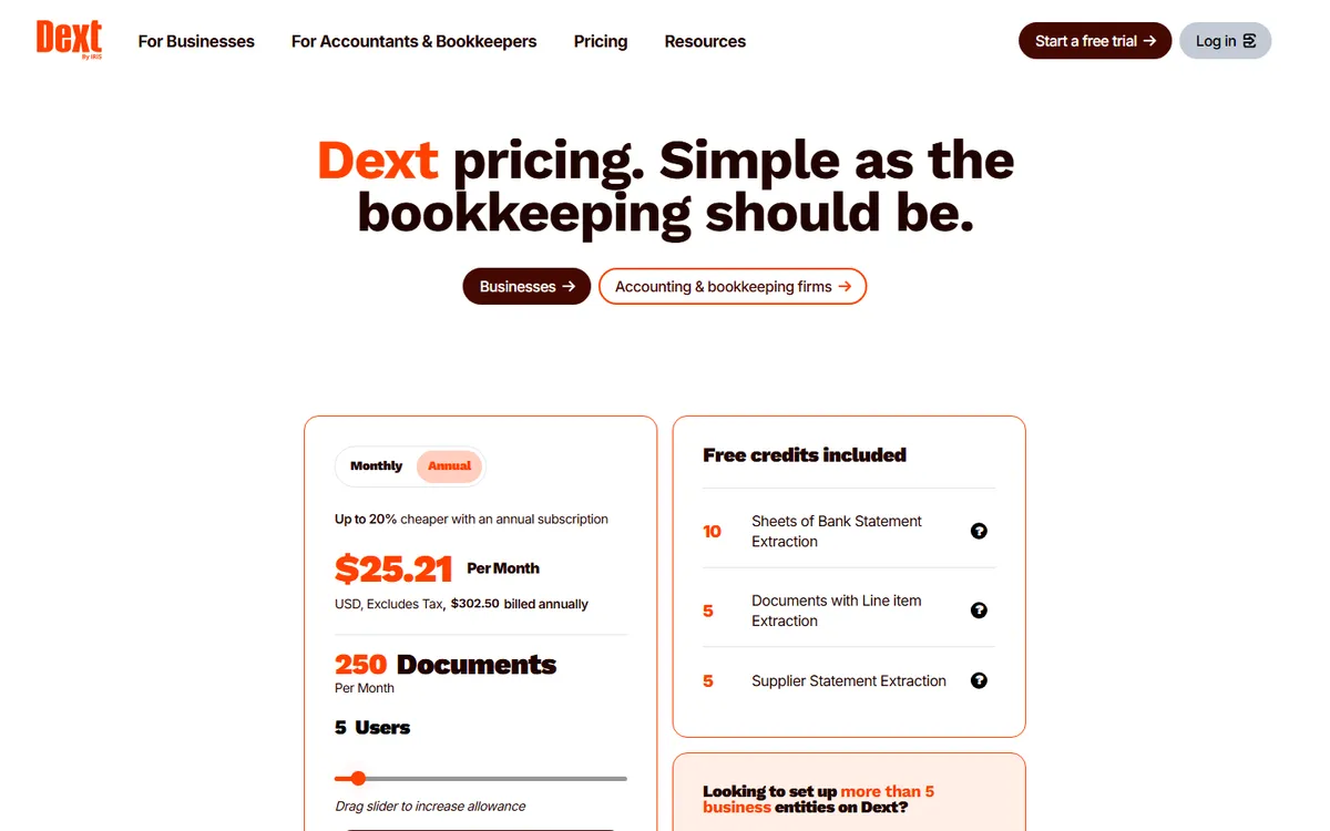 Screenshot: Dext business pricing page with a document allowance slider