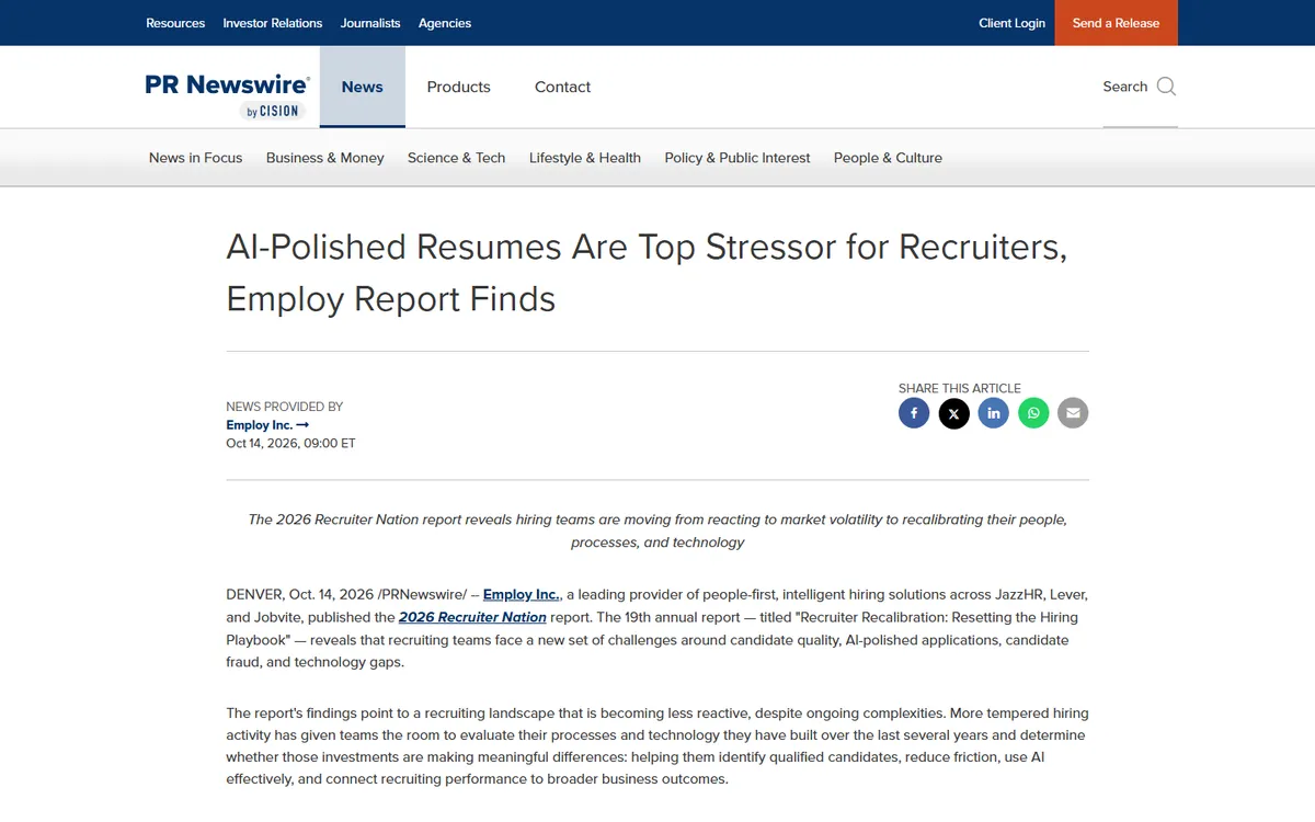 Screenshot: Employ's October 14, 2026 press release, AI-Polished Resumes Are Top Stressor for Recruiters
