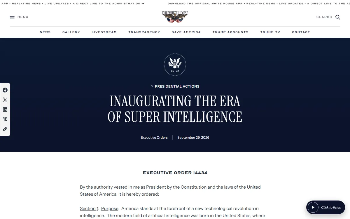 Screenshot: White House page for Executive Order 14434, Inaugurating the Era of Super Intelligence, dated September 29, 2026