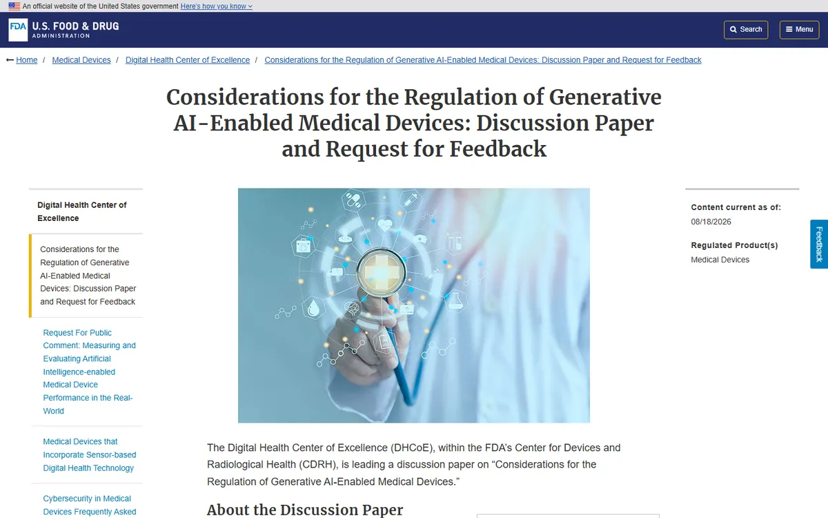 Screenshot: FDA page for the discussion paper on regulating generative AI-enabled medical devices