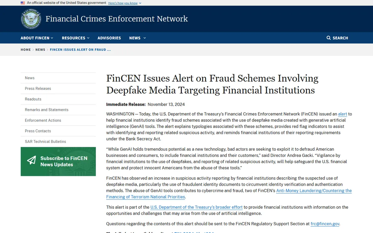 Screenshot: FinCEN press release announcing its alert on deepfake media fraud schemes