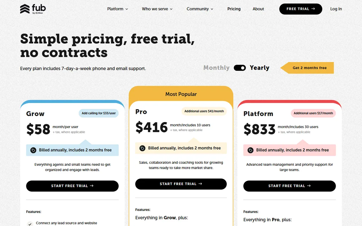 Screenshot: Follow Up Boss pricing page with Grow, Pro and Platform plans