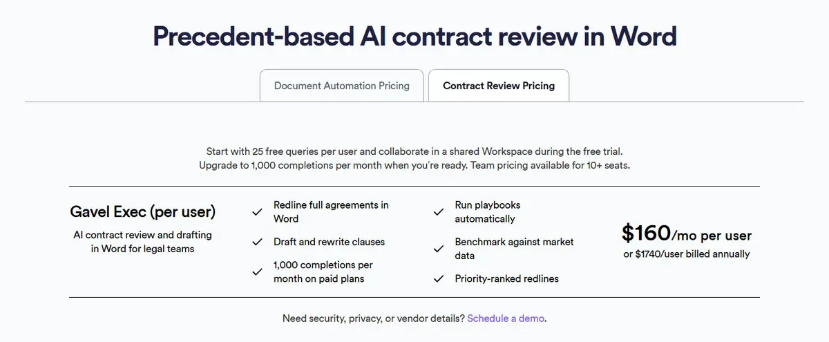Screenshot: Gavel Exec pricing page showing per-user monthly and annual prices