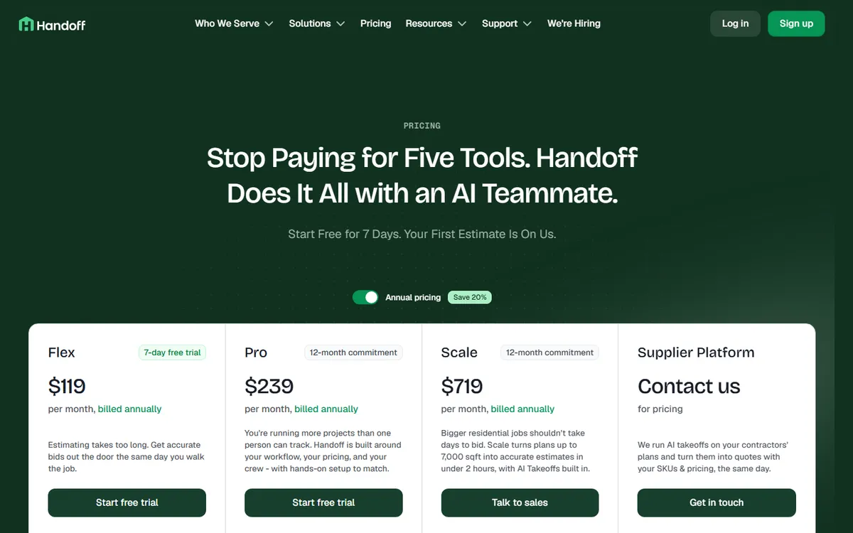 Screenshot: Handoff pricing page with Flex, Pro and Scale plans