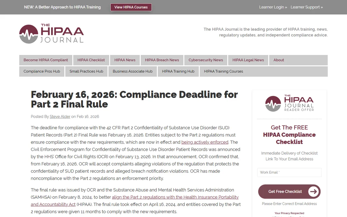 Screenshot: HIPAA Journal article on the February 16, 2026 Part 2 compliance deadline