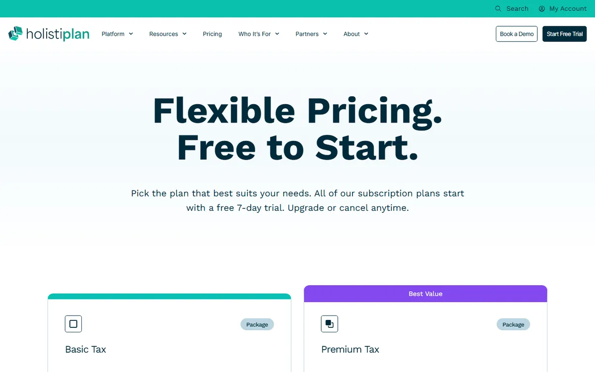 Screenshot: Holistiplan pricing page with Basic and Premium tax plans