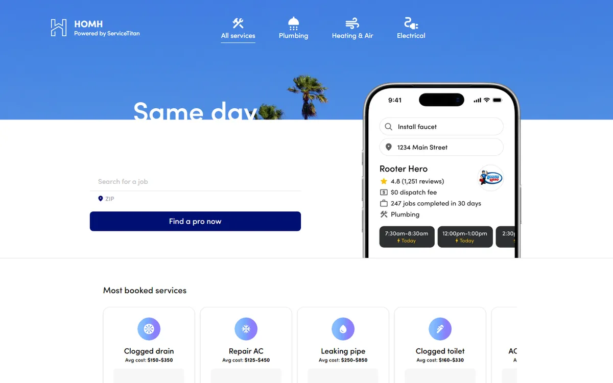 Screenshot: The Homh homepage for booking home services