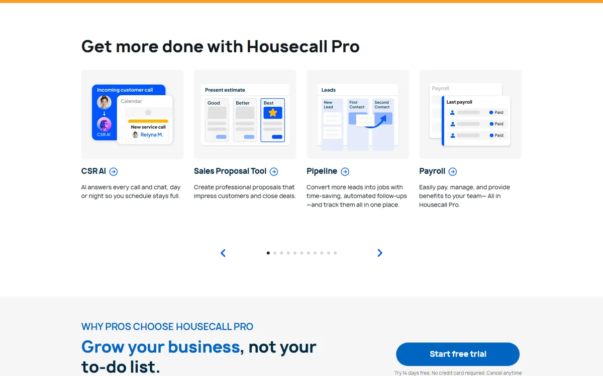 Screenshot: Housecall Pro pricing page add-ons section showing CSR AI, Sales Proposal Tool, Pipeline and Payroll