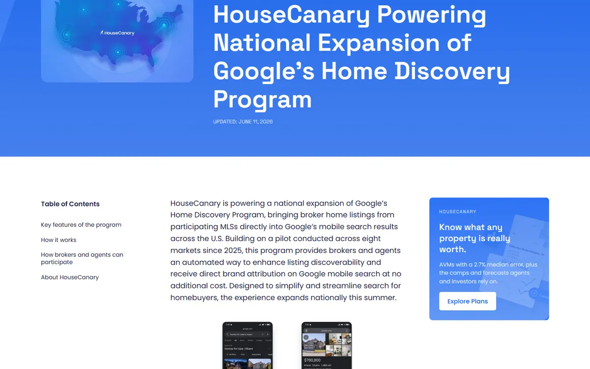 Screenshot: HouseCanary announcement titled HouseCanary Powering National Expansion of Google's Home Discovery Program