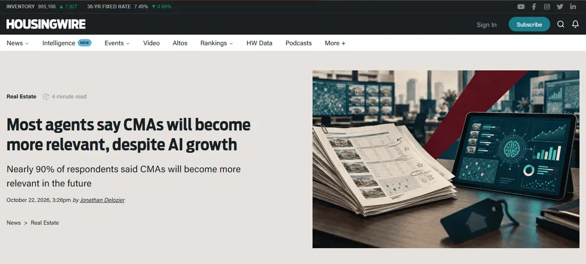 Screenshot: HousingWire article headlined Most agents say CMAs will become more relevant, despite AI growth, dated October 22, 2026