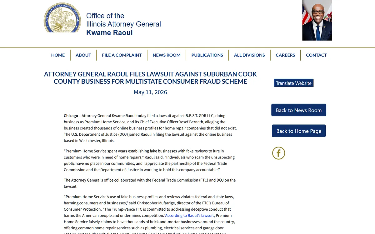 Illinois Attorney General press release on the lawsuit against Premium Home Service