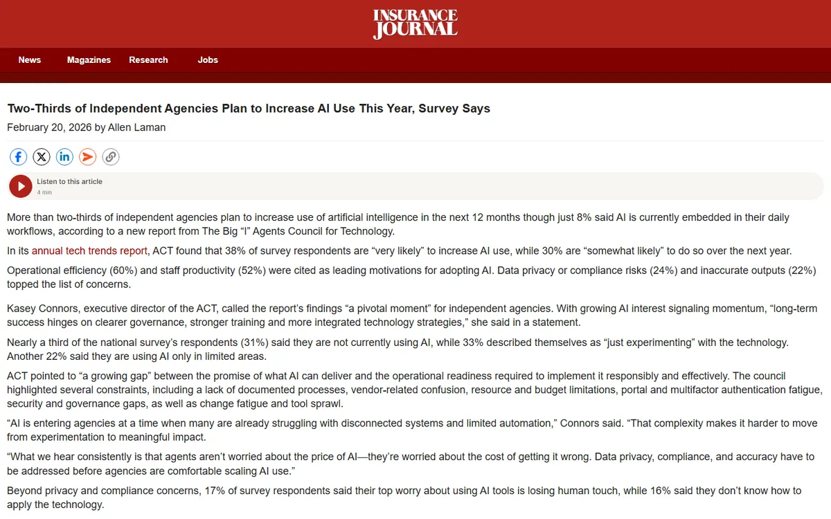 Screenshot: Insurance Journal article headlined Two-Thirds of Independent Agencies Plan to Increase AI Use This Year, Survey Says, dated February 20, 2026