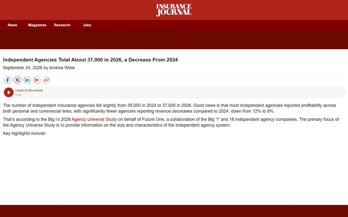 Screenshot: Insurance Journal article on the 2026 Agency Universe Study