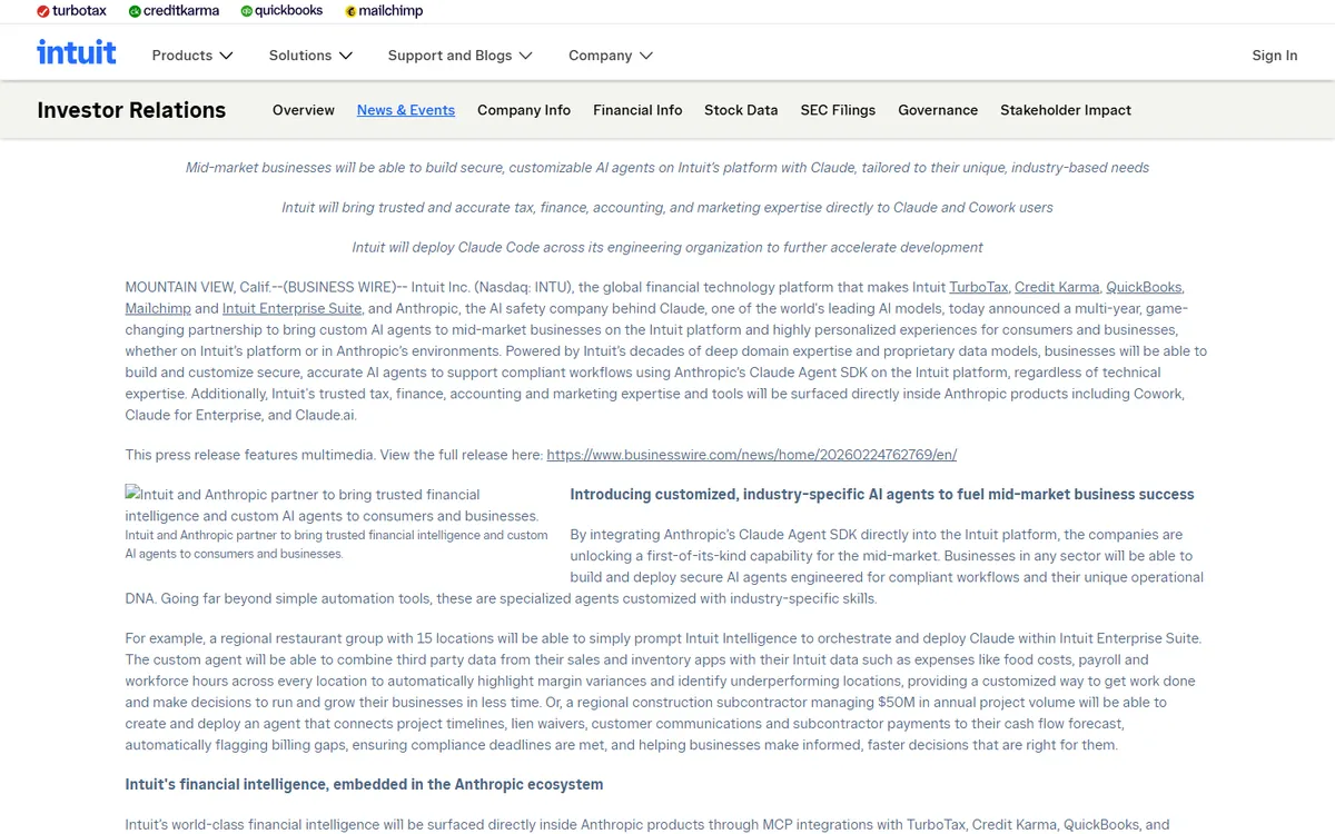 Screenshot: Intuit investor relations press release announcing its partnership with Anthropic