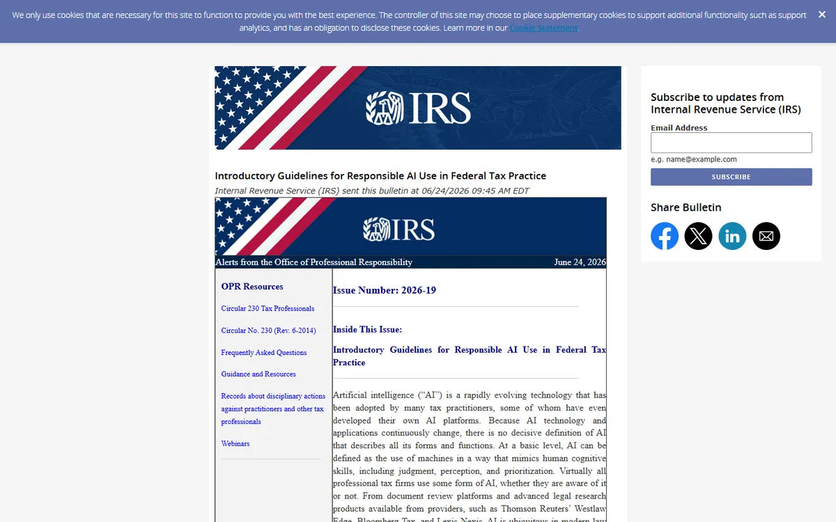 Screenshot: IRS Office of Professional Responsibility alert introducing AI guidelines for tax practice