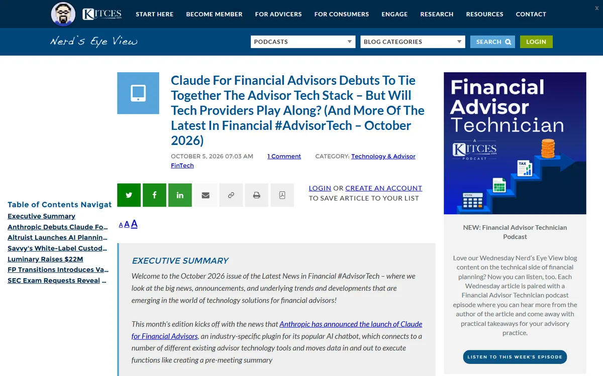 Kitces article on Claude for Financial Advisors and the October 2026 AdvisorTech news