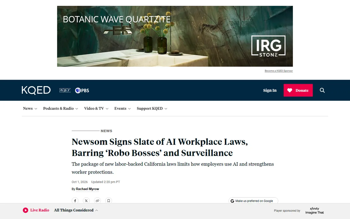 Screenshot: KQED article on Newsom signing workplace AI laws