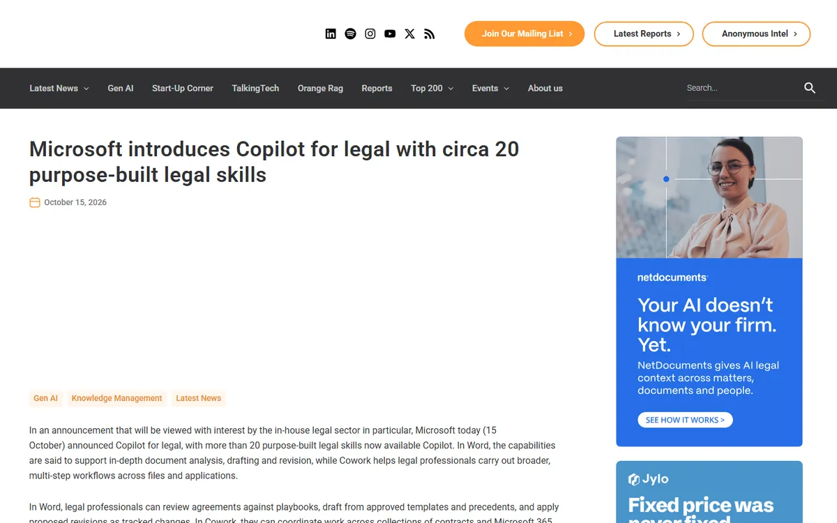 Screenshot: Legal IT Insider's October 15, 2026 report on Microsoft Copilot for legal