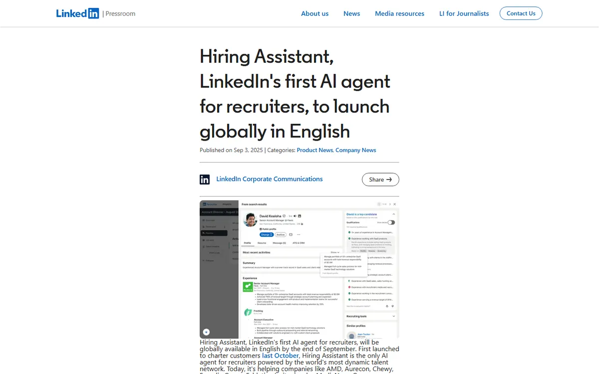 LinkedIn newsroom post announcing Hiring Assistant's global availability