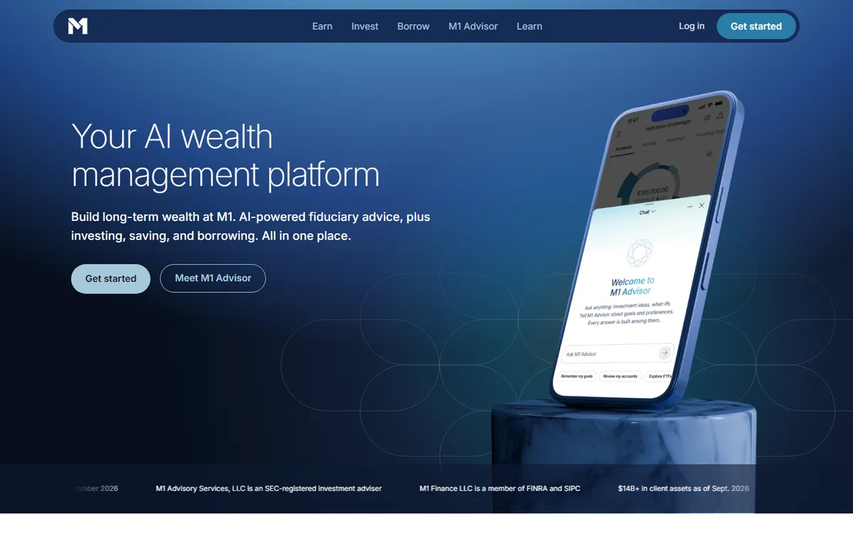 Screenshot: M1's homepage describing an AI wealth management platform with AI-powered fiduciary advice