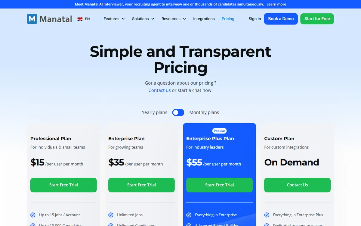 Screenshot: Manatal pricing page with Professional, Enterprise and Enterprise Plus plans
