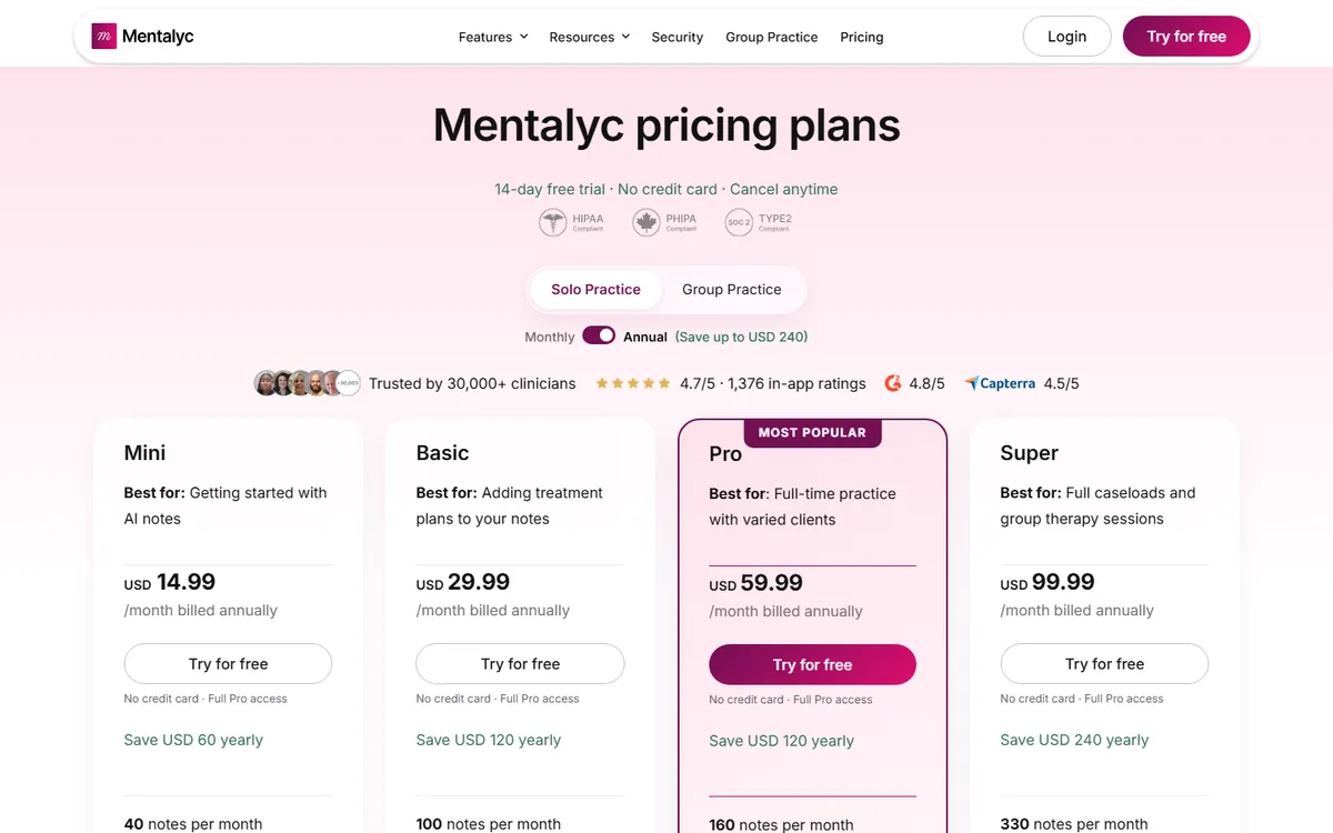 Screenshot: Mentalyc pricing page with Mini, Basic, Pro and Super plans