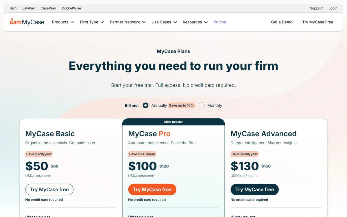 Screenshot: MyCase pricing page with Basic, Pro and Advanced plans