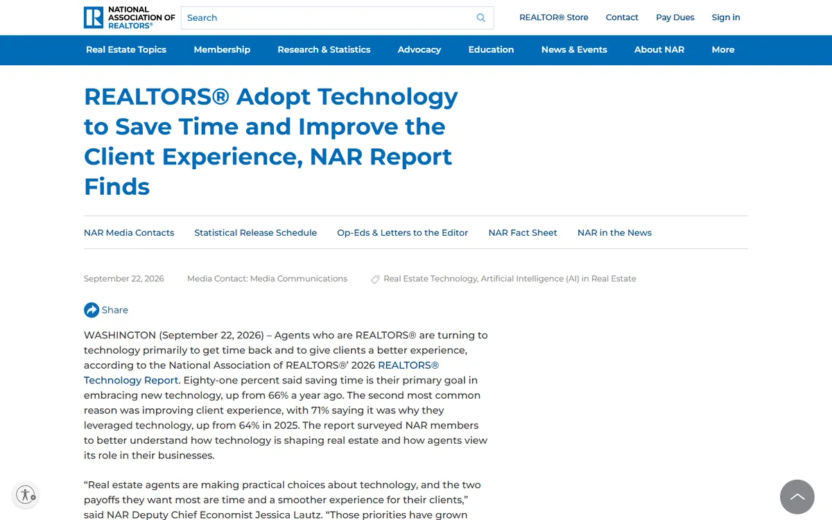 Screenshot: NAR's September 22, 2026 news release on its 2026 REALTORS Technology Report
