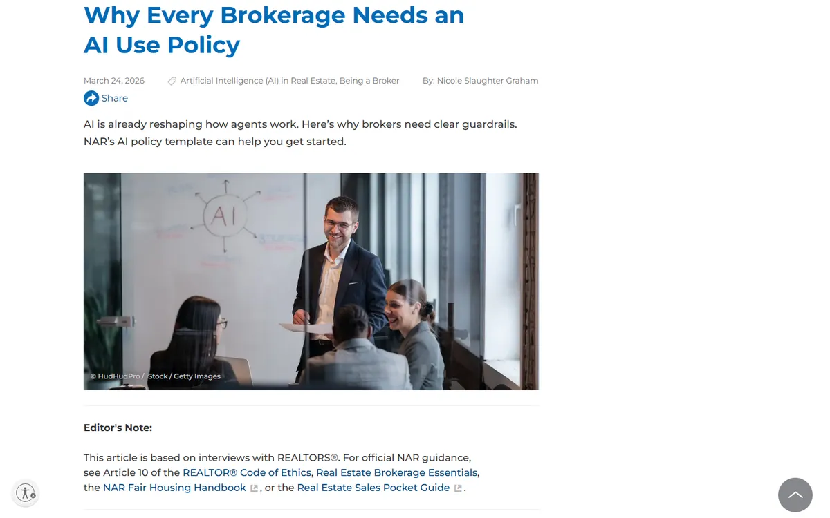 Screenshot: NAR article titled Why Every Brokerage Needs an AI Use Policy