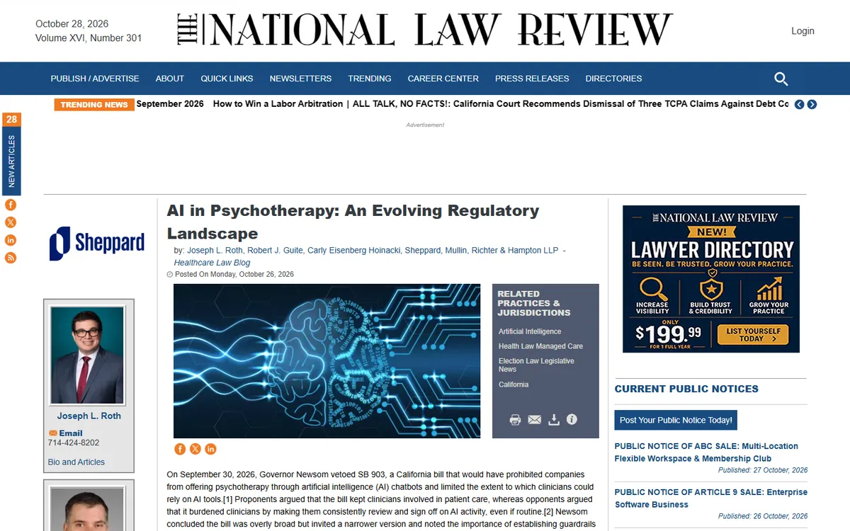 Screenshot: National Law Review article titled AI in Psychotherapy: An Evolving Regulatory Landscape, posted October 26, 2026, describing the SB 903 veto