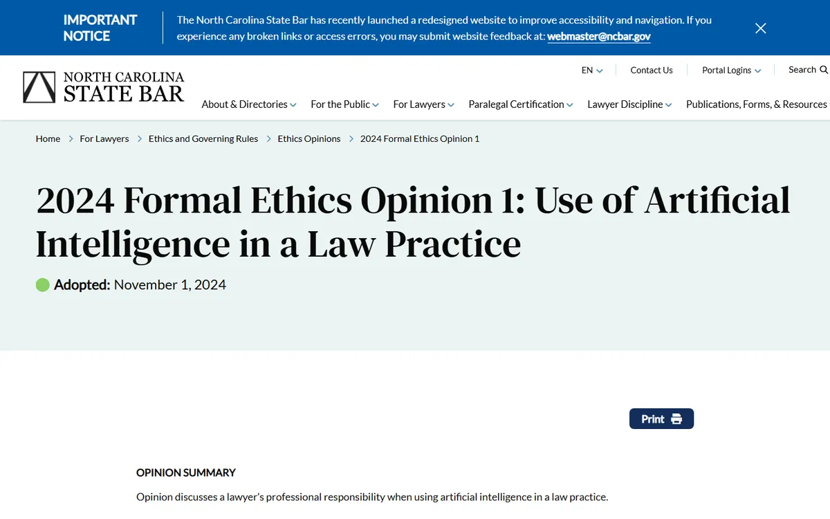 Screenshot: North Carolina State Bar 2024 Formal Ethics Opinion 1 on the use of artificial intelligence in a law practice, adopted November 1, 2024