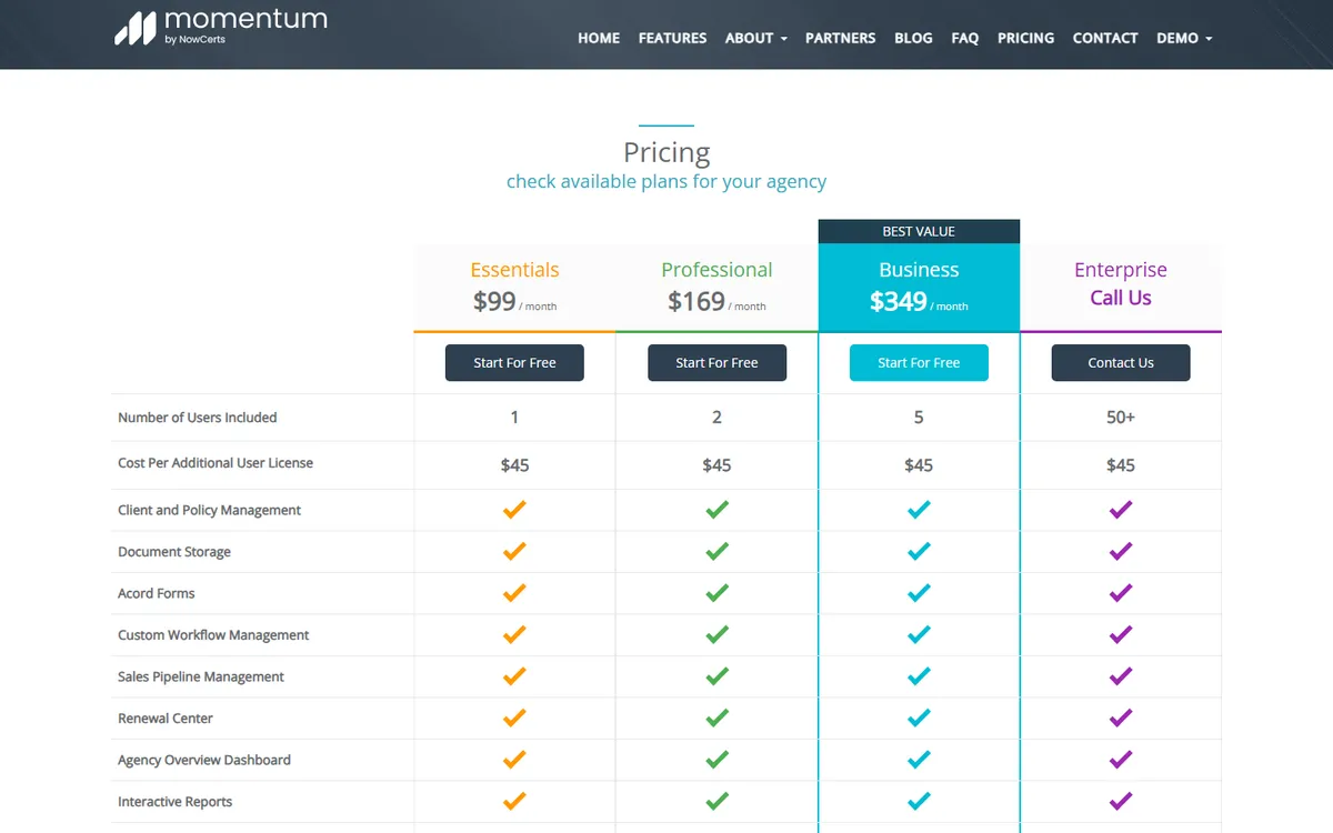Screenshot: NowCerts pricing page with Essentials, Professional, Business and Enterprise plans